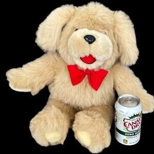 Goffa Puppy Dog Plush Red Bow Tie & Red Mouth Tan Vintage Stuffed Animal Toy